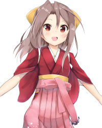 Rule 34 | 1girl, :d, alternate costume, amano kouki, anchor, bow, brown eyes, brown hair, cosplay, hair bow, hakama, hakama skirt, high ponytail, highres, japanese clothes, kamikaze (kancolle), kamikaze (kancolle) (cosplay), kantai collection, kimono, light brown hair, long hair, looking at viewer, md5 mismatch, meiji schoolgirl uniform, open mouth, pink hakama, pink skirt, ponytail, simple background, skirt, smile, solo, white background, yellow bow, zuihou (kancolle)