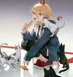 Rule 34 | 1girl, acryyy, animal, animal on shoulder, black cat, black necktie, black pants, blonde hair, blue jacket, cat, cat on shoulder, chainsaw man, collared shirt, commentary request, cross-shaped pupils, demon horns, full body, hair between eyes, highres, holding sandwich, hood, hood down, hooded jacket, horns, jacket, lettuce, long hair, long sleeves, looking at viewer, necktie, open mouth, pants, power (chainsaw man), red footwear, red horns, sharp teeth, shirt, shoes, solo, squatting, symbol-shaped pupils, teeth, tomato, tomato slice, white shirt