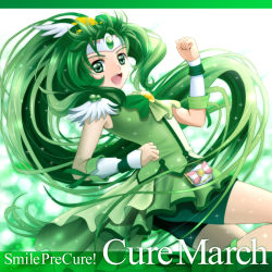 Rule 34 | 10s, 1girl, :d, bike shorts, bike shorts under skirt, bow, bowtie, character name, circlet, copyright name, cure march, dress, eyelashes, gradient background, green background, green dress, green eyes, green hair, green shorts, green skirt, green theme, happy, long hair, magical girl, matching hair/eyes, midorikawa nao, open mouth, ponytail, precure, sekken kasu barrier, shorts, shorts under skirt, skirt, smile, smile precure!, solo, tri tails, very long hair, white background, wrist cuffs