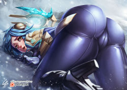 Rule 34 | 1girl, absurdres, all fours, ass, bent over, blue hair, breasts, frostblade irelia, gdecy, high heels, highres, huge ass, irelia, league of legends, pov, riot games, solo, watermark, yellow eyes
