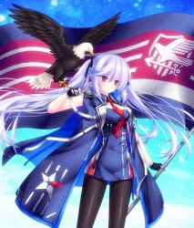 Rule 34 | 1girl, azur lane, bad id, bad twitter id, bird, blue hair, bubble, commentary request, eagle, essex (azur lane), fingerless gloves, flag, gloves, jacket, long hair, looking at viewer, mikoto (mikoto r a), necktie, pantyhose, red eyes, sleeveless, star (symbol), twintails