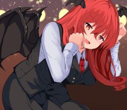 Rule 34 | 1girl, bat wings, black skirt, black vest, breasts, bright pupils, commentary request, head wings, highres, koakuma, large breasts, long hair, long sleeves, looking at viewer, multiple wings, necktie, open mouth, red eyes, red hair, red necktie, shirt, skirt, smile, solo, textless version, touhou, touhou7716, variant set, vest, white pupils, white shirt, wings