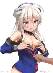 Rule 34 | 1girl, ahoge, artist name, blue eyes, blush, breasts, cleavage, clothes pull, cowboy shot, glasses, grey hair, hat, heywood l. edwards (kancolle), kantai collection, long hair, medium breasts, off shoulder, one-hour drawing challenge, ray.s, sailor collar, school uniform, shirt, shirt pull, solo, white background, white hat