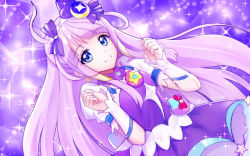 Rule 34 | 1girl, blue eyes, bow, closed mouth, crescent, crescent earrings, cure selene, dated, dress, earrings, hair bow, jewelry, kaguya madoka, long hair, looking at viewer, magical girl, precure, purple background, purple bow, purple dress, purple hair, purple theme, sidelocks, signature, smile, solo, sparkle, star twinkle precure, ultramarimo, upper body, wrist cuffs