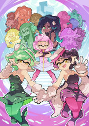 Rule 34 | + +, 3boys, 6+girls, ankle boots, backwards hat, beard, bespectacled, black dress, black footwear, black hair, black jacket, black jumpsuit, black shorts, blunt bangs, boots, callie (splatoon), cap&#039;n cuttlefish, cephalopod eyes, character request, clenched hand, closed eyes, closed mouth, commentary, cousins, crossed arms, crusty sean, dark-skinned female, dark skin, detached collar, dress, earrings, english commentary, facial hair, fangs, food, food on head, glasses, gloves, gomipomi, gradient hair, green hair, green legwear, hand to own mouth, hat, head tilt, headgear, highres, holding hands, inkling, inkling girl, inkling player character, jacket, jelonzo (splatoon), jewelry, jumpsuit, leaning forward, long hair, looking at viewer, marie (splatoon), marina (splatoon), medium hair, mole, mole under eye, mole under mouth, multicolored hair, multiple boys, multiple girls, nintendo, object on head, octoling, octoling player character, one eye closed, open mouth, pantyhose, pearl (splatoon), pink dress, pink hair, pink legwear, pointy ears, purple hair, purple legwear, sheldon (splatoon), short dress, short hair, short jumpsuit, shorts, sleeveless, sleeveless jacket, smile, splatoon (series), splatoon 1, splatoon 2, splatoon 2: octo expansion, squidbeak splatoon, standing, standing on one leg, strapless, suction cups, sushi, tentacle hair, very long hair, waving, white footwear, white gloves, zipper pull tab
