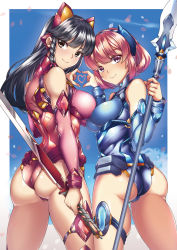 Rule 34 | 2girls, absurdres, ass, back, bad id, bad pixiv id, bare shoulders, black hair, blush, braid, breast press, breasts, brown eyes, detached sleeves, headgear, heart, heart hands, heart hands duo, highres, holding, holding polearm, holding spear, holding sword, holding weapon, leotard, long hair, looking at viewer, multiple girls, pink hair, polearm, purple eyes, shirokuma a, short hair, smile, spear, sword, symmetrical docking, weapon
