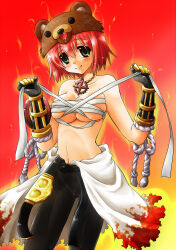 Rule 34 | 1girl, 2channel, aura, bear hat, belt, black belt, black gloves, black pants, blush, breasts, budget sarashi, cameltoe, championship belt, closed mouth, clothes around waist, commentary request, cowboy shot, flame print, gauntlets, gloves, green eyes, hair between eyes, jewelry, kuma (2ch), large breasts, looking at viewer, navel, necklace, pants, pink hair, ragnarok online, red background, sarashi, shirt, shirt around waist, short hair, smile, solo, sura (ragnarok online), takaha momo, white shirt