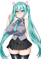 Rule 34 | 1girl, aqua eyes, aqua hair, asanagi (style), bare shoulders, blush, breasts, covered erect nipples, hatsune miku, highres, huge breasts, kishin tatu, long hair, looking at viewer, skindentation, smile, solo, standing, thick thighs, thighhighs, thighs, twintails, v, very long hair, vocaloid