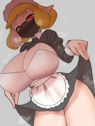 Rule 34 | 1girl, agent 4 (splatoon), apron, black dress, blonde hair, breasts, cleavage, collared dress, curtsey, dress, female focus, frilled apron, frills, from below, grey background, half-closed eyes, highres, huge breasts, inkling, inkling girl, inkling player character, long sleeves, looking at viewer, maid, maid apron, maid headdress, mask, mouth mask, necktie, nintendo, pero (pero7762), pointy ears, red eyes, short hair, simple background, solo, splatoon (series), steaming body, tentacle hair