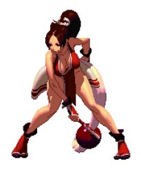 Rule 34 | 1girl, animated, animated gif, bare shoulders, bouncing breasts, breasts, brown hair, cleavage, downblouse, fatal fury, fingerless gloves, game sprite, gloves, idle animation, king of fighters xiii, large breasts, leaning forward, long hair, lowres, ninja, official art, pelvic curtain, pixel art, ponytail, revealing clothes, shiranui mai, simple background, snk, solo, sprites, the king of fighters, the king of fighters xiii, white background