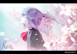 Rule 34 | 1girl, ascot, black jacket, blue eyes, blue hair, branch, cherry blossoms, collared shirt, commentary request, flower, from side, gradient hair, hoshizaki reita, jacket, letterboxed, long hair, looking away, multicolored hair, original, parted lips, petals, profile, purple hair, red ascot, school uniform, shirt, signature, solo, twitter username, upper body, white flower, white shirt