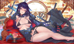 Rule 34 | armpits, bare shoulders, black dress, black panties, blue eyes, blunt bangs, bow, breasts, china dress, chinese clothes, chinese new year, dress, elbow gloves, eyeshadow, fate/grand order, fate (series), food, fruit, fruit bowl, gloves, grapes, gtunver, hair ornament, large breasts, leaf hair ornament, long hair, looking at viewer, lychee, lying, makeup, midriff peek, on side, open mouth, panties, peach, pipa (instrument), presenting armpit, purple hair, sidelocks, signature, smile, solo, thighs, underwear, yang guifei (fate)