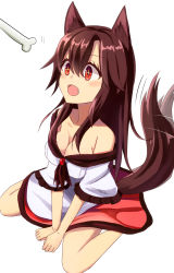 Rule 34 | + +, 1girl, animal ears, bare shoulders, blush, bone, breasts, brooch, brown hair, cleavage, collarbone, dress, fang, hasu (lausdys), highres, imaizumi kagerou, jewelry, large areolae, long hair, long sleeves, looking up, open mouth, red eyes, simple background, sitting, solo, tail, tail wagging, touhou, white background, wide sleeves, wolf ears, wolf tail