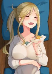 Rule 34 | 1girl, arm across waist, blonde hair, blush, breasts, eating, closed eyes, fang, highres, inuyama aoi, large breasts, one-piece swimsuit, pillow, plan (planhaplalan), skin fang, smile, solo, sweater, swimsuit, thick eyebrows, twintails, upper body, yurucamp