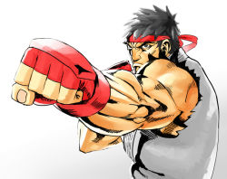 Rule 34 | black eyes, black hair, capcom, clenched hand, gloves, headband, hijiki (b-stroke), muscular, punching, ryu (street fighter), serious, spiked hair, street fighter