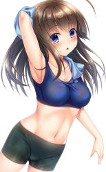 Rule 34 | 1girl, :o, ahoge, arm behind head, arm up, armpits, bike shorts, black shorts, blue eyes, blue shirt, blue sports bra, blush, breasts, brown hair, cleavage, collarbone, commentary request, cowboy shot, drying, dutch angle, highres, holding, holding towel, long hair, looking at viewer, medium breasts, navel, noshimasa, original, parted lips, partial commentary, see-through, see-through sports bra, shirt, short shorts, shorts, simple background, solo, sports bra, standing, sweat, towel, wet, wet clothes, white background