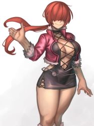 Rule 34 | 1girl, :&gt;, absurdres, belly chain, breasts, covered eyes, cropped jacket, cross-laced clothes, dress, fur-trimmed jacket, fur trim, hair over eyes, highres, hip vent, jacket, jewelry, kelvin hiu, large breasts, no bra, plunging neckline, red hair, shermie (kof), short dress, side slit, solo, split ponytail, the king of fighters, the king of fighters xv, thick thighs, thighs, toned, white background