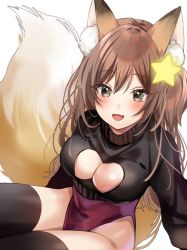 Rule 34 | 1girl, animal ear fluff, animal ears, annytf, black sweater, black thighhighs, blush, breasts, brown eyes, brown hair, cleavage, cleavage cutout, clothing cutout, commission, fox ears, fox girl, fox tail, hair ornament, highleg, highleg leotard, indie virtual youtuber, large breasts, leotard, leotard under clothes, long hair, looking at viewer, one side up, open mouth, red leotard, roko (pe0e07), sitting, skeb commission, smile, solo, star (symbol), star hair ornament, sweater, tail, thighhighs, thighs, virtual youtuber