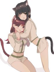 Rule 34 | 2girls, animal ear fluff, animal ears, bad id, bad twitter id, black hair, blunt bangs, blush, breasts, brown hair, cat ears, extra ears, fang, heart, heart-shaped pupils, kantai collection, kitakami (kancolle), long hair, medium breasts, mitamgr, multiple girls, one eye closed, ooi (kancolle), open mouth, sailor collar, school uniform, serafuku, sidelocks, simple background, skirt, sweat, symbol-shaped pupils, tail, white background