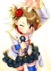 Rule 34 | 1girl, arm up, backlighting, blush, boots, brown eyes, brown hair, choker, flower, futami ami, grin, hair flower, hair ornament, idol, idolmaster, idolmaster (classic), idolmaster movie, looking at viewer, microphone, one eye closed, side ponytail, smile, solo, sweat, thighhighs, white background, wink, zen