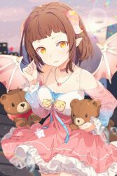 Rule 34 | 1girl, absurdres, asami-chan, blurry, blurry background, blush, breasts, brown hair, choker, cleavage, demon girl, detached sleeves, dress, frilled dress, frills, highres, horns, looking at viewer, medium breasts, multicolored clothes, original, pink choker, pointy ears, ribbon, solo, stuffed animal, stuffed toy, teddy bear, yellow eyes