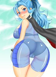 Rule 34 | 00s, 1girl, adahcm, ass, bare shoulders, blue eyes, blue hair, blush, bodysuit, bra, breasts, cameltoe, cape, choker, clair (pokemon), creatures (company), from behind, game freak, gloves, gym leader, highres, huge ass, large breasts, long hair, looking at viewer, nintendo, panties, pokemon, pokemon hgss, ponytail, see-through, sideboob, thigh gap, underwear, wide hips