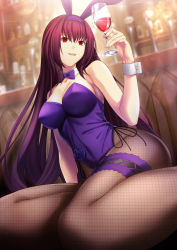 Rule 34 | animal ears, cup, detached collar, drinking glass, fake animal ears, fate/grand order, fate (series), fishnet pantyhose, fishnets, highres, leotard, long hair, official alternate costume, pantyhose, playboy bunny, purple hair, purple leotard, purple neckwear, rabbit ears, red eyes, scathach (fate), scathach (piercing bunny) (fate), solo, strapless, strapless leotard, wine glass, wrist cuffs, zaregoto tsukai no deshi