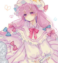 Rule 34 | 1girl, blue bow, blush, book, bow, capelet, crescent, crescent hat ornament, dress, hair bow, hat, hat ornament, holding, holding book, long dress, long hair, long sleeves, looking at viewer, mob cap, open mouth, patchouli knowledge, puffy long sleeves, puffy sleeves, purple bow, purple eyes, purple hair, sidelocks, simple background, solo, sorani (kaeru0768), striped clothes, striped dress, touhou, vertical-striped clothes, vertical-striped dress, white background, white capelet