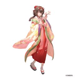 Rule 34 | 1girl, ash arms, blush, braid, branch, brown hair, character request, cherry blossom print, cherry blossoms, closed mouth, floral print, flower, geta, hair ribbon, highres, holding, holding branch, japanese clothes, kanda done, kimono, looking at viewer, official art, pink flower, red eyes, red ribbon, ribbon, simple background, socks, tabi, white background, white socks, wide sleeves