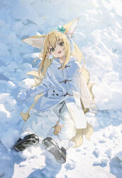 Rule 34 | 1girl, absurdres, alternate costume, animal ears, arknights, auguste, blonde hair, choshanland plushy (arknights), commentary request, fox ears, fox girl, fox tail, full body, green eyes, highres, kitsune, kyuubi, long hair, looking at viewer, multiple tails, open mouth, sitting, snow, solo, suzuran (arknights), tail, winter