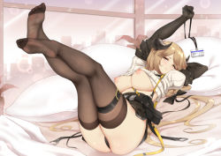 Rule 34 | 1girl, aran sweater, arknights, ass, barefoot, belt, black gloves, black panties, black shirt, blush, breasts, brown eyes, brown hair, cable knit, cityscape, clothes lift, elbow gloves, feet, full body, gloves, horns, id card, kinhasu, lanyard, large breasts, legs together, legs up, long hair, looking at viewer, low-tied long hair, lying, medium breasts, meteorite (arknights), nipples, no shoes, on back, on bed, panties, parted lips, pencil skirt, pillow, presenting, shirt, shirt lift, skirt, skirt lift, soles, solo, sweater, thigh strap, thighhighs, toes, turtleneck, turtleneck sweater, underwear, very long hair, window