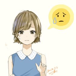 Rule 34 | 1girl, absurdres, bare shoulders, blue dress, brown eyes, brown hair, collared dress, dated, dress, emoji, fingernails, grey background, hand up, highres, looking at viewer, original, parted lips, sako (35s 00), short hair, signature, simple background, solo, speech bubble, sweat, sweatdrop, upper body