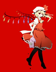 Rule 34 | 1girl, ascot, bad id, bad pixiv id, bat wings, black pantyhose, blonde hair, broken, embodiment of scarlet devil, female focus, flandre scarlet, full body, hat, highres, open mouth, pantyhose, pasutel, red eyes, short hair, side ponytail, simple background, smile, solo, stuffed animal, stuffed toy, stuffing, torn, touhou, wings