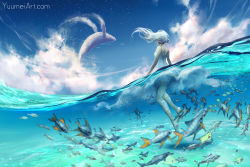 Rule 34 | 1girl, blue sky, cloud, commentary, day, fish, from behind, highres, long hair, motion blur, one-piece swimsuit, original, partially submerged, partially underwater shot, sky, solo, star (sky), starry sky, swimsuit, water, watermark, web address, whale, white hair, wind, yuumei