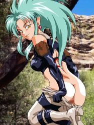 Rule 34 | ass, back cutout, blue hair, boots, censored, clothes pull, clothing cutout, earrings, elbow gloves, from behind, gloves, halterneck, jewelry, long hair, looking back, lowres, pants, pants pull, photo background, pouch, ryouko (tenchi muyou!), smile, spiked hair, tenchi muyou!, undressing, yellow eyes
