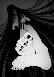 Rule 34 | 1girl, absurdly long hair, barefoot, black nails, breasts, commentary, completely nude, english commentary, feet, floating, foot focus, from below, ghost, greyscale, hair over breasts, hair over one eye, highres, kusujinn, long hair, looking at viewer, monochrome, nail polish, navel, nude, original, soles, solo, stomach, toe scrunch, toenail polish, toenails, toes, very long hair