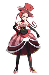 Rule 34 | 1girl, battle chatelaine, black gloves, black pantyhose, blush, breasts, cleavage, commentary request, creatures (company), dana (pokemon), dress, elbow gloves, eyelashes, full body, game freak, gloves, hat, head tilt, high heels, looking at viewer, nintendo, open mouth, pantyhose, pink footwear, pokemon, pokemon xy, red hair, solo, standing, teeth, tongue, top hat, tsukishiro saika, white background