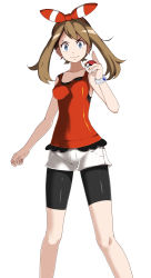Rule 34 | 1girl, absurdres, bare arms, bike shorts, black shorts, blue eyes, bow, bow hairband, brown hair, closed mouth, collarbone, creatures (company), game freak, hair bow, hairband, highres, holding, holding poke ball, long hair, looking at viewer, may (pokemon), nail polish, nintendo, poke ball, pokemon, pokemon oras, red hairband, red nails, red shirt, shiny clothes, shirt, short shorts, shorts, shorts under shorts, simple background, sleeveless, sleeveless shirt, smile, solo, standing, striped, striped bow, tsukishiro saika, twintails, v-shaped eyebrows, white background, white shorts