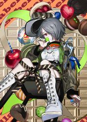 Rule 34 | 1girl, boots, bow, candy, chair, chair tipping, character name, food, fruit, green nails, grey hair, hair over one eye, hat, isabella (love live!), jacket, lollipop, long sleeves, looking at viewer, love live!, love live! school idol festival, macaron, nail polish, official art, oguchi, oversized food, oversized object, pink eyes, ribbon, short hair, sitting, solo, striped