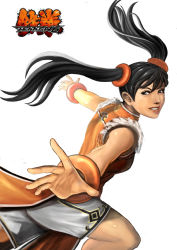 Rule 34 | 1girl, black hair, bracelet, chinese clothes, copyright name, erufan, highres, jewelry, ling xiaoyu, lips, nose, orange shirt, outstretched arms, shirt, shorts, sleeveless, solo, tekken, twintails, white background