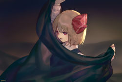 Rule 34 | 1girl, ainy, arm up, backlighting, bad id, bad pixiv id, blonde hair, bow, breasts, commentary, from side, hair ribbon, holding, long sleeves, outstretched arm, red eyes, red ribbon, ribbon, rumia, see-through, shirt, short hair, signature, small breasts, solo, touhou, upper body, white shirt