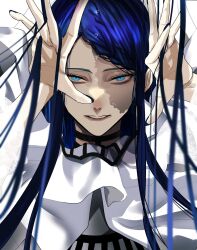 Rule 34 | 1girl, ado (utaite), aegyo sal, blue eyes, blue hair, braid, braided bangs, cloud nine inc, commentary, gira gira, hands up, highres, hoshi san 3, long hair, looking at viewer, parted lips, sidelocks, simple background, solo, song name, upper body, white background