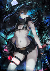 Rule 34 | 1girl, bare arms, bare shoulders, bikini, bikini top only, black bikini, black gloves, black hair, black jacket, black rock shooter, black rock shooter: dawn fall, black rock shooter (character), black shorts, blue eyes, breasts, cenangam, contrapposto, flaming eye, gloves, highres, holding, holding sword, holding weapon, jacket, long hair, looking at viewer, navel, off shoulder, open clothes, open jacket, shaded face, short shorts, shorts, shoulder tattoo, shrug (clothing), sleeveless, small breasts, solo, standing, stomach, swimsuit, sword, tattoo, thigh strap, thighs, twintails, weapon