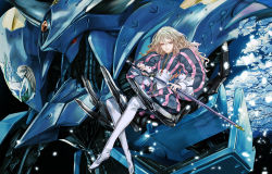 Rule 34 | 1girl, blonde hair, cherry blossoms, christine v, closed mouth, cross, cross earrings, earrings, fingernails, five star stories, gem, glint, hair between eyes, highres, holding, holding person, holding sword, holding weapon, jewelry, long hair, mecha, mermaid, monster girl, nail polish, neptune (five star stories), petals, pink nails, puffy sleeves, purple eyes, redjuice, reflection, robot, scabbard, sheath, sitting, striped, sword, tree, twintails, weapon, white legwear