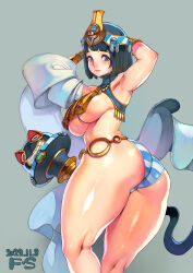 Rule 34 | 1girl, absurdres, ancient princess menace, armpits, ass, black hair, blue eyes, blunt bangs, breasts, cleavage, closed mouth, crown, egyptian clothes, f.s., gluteal fold, groin, hands up, headgear, high heels, highres, huge ass, jewelry, large breasts, looking at viewer, menace (queen&#039;s blade), menace (queen's blade), panties, pelvic curtain, queen&#039;s blade, queen&#039;s blade white triangle, revealing clothes, ring, sandals, scepter, setra, shawl, shiny skin, short hair, skindentation, smile, solo, standing, striped clothes, striped panties, tan, thick thighs, thighs, thong, underboob, underwear, wide hips, wind, wind lift