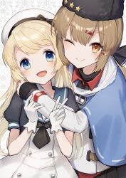 Rule 34 | 2girls, anchor necklace, black bow, black gloves, black headwear, black neckerchief, black skirt, blonde hair, blue eyes, blue sailor collar, blush, bow, brown eyes, brown hair, closed mouth, commission, dress, fingerless gloves, fur hat, gloves, hair bow, hat, jacket, jervis (kancolle), jewelry, kantai collection, long hair, low twintails, multiple girls, neckerchief, necklace, one eye closed, open mouth, papakha, puffy sleeves, red shirt, sailor collar, sailor dress, sailor hat, scarf, shawl, shirt, skeb commission, skirt, smile, star (symbol), tashkent (kancolle), twintails, untucked shirt, upper body, v, white background, white dress, white gloves, white headwear, white jacket, white scarf, yamashichi (mtseven)