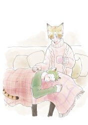Rule 34 | 2boys, animal ears, artist name, beard stubble, blanket, blue eyes, blush, cable knit, closed eyes, commentary, couch, cup, curly eyebrows, eeyasu (samarian), facial hair, fox boy, fox ears, fox tail, full body, green sweater, hair over one eye, hand on another&#039;s back, holding, holding cup, long bangs, long sleeves, looking down, lying, lying on lap, lying on person, male focus, multiple boys, mustache stubble, on side, one piece, pants, pillow, plaid, plaid blanket, roronoa zoro, sanji (one piece), short hair, simple background, sitting, stubble, sweater, tail, tiger boy, tiger ears, tiger tail, twitter username, under covers, winter clothes