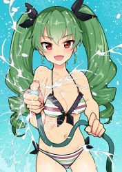 Rule 34 | 1girl, anchovy (girls und panzer), bikini, blue background, breasts, cleavage, commentary, drill hair, girls und panzer, green hair, hair ribbon, hose, italian flag bikini, long hair, looking at viewer, nakasone haiji, navel, open mouth, red eyes, ribbon, solo, swimsuit, twin drills, twintails, water