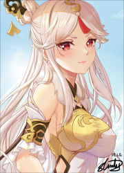 1girl, bangs, bare shoulders, blue sky, breasts, closed mouth, commentary request, day, detached sleeves, eyebrows visible through hair, frilled sleeves, frills, from side, genshin impact, gold trim, hair ornament, hair stick, highres, impossible clothes, large breasts, looking at viewer, looking to the side, ningguang (genshin impact), outdoors, parted bangs, pink lips, red eyes, short sleeves, signature, sky, slinly, smile, solo, tassel, upper body