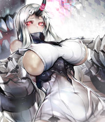 Rule 34 | 1girl, abyssal ship, bare shoulders, breasts, claws, collar, covered navel, detached sleeves, dress, covered erect nipples, from below, hand under clothes, highres, horns, huge breasts, kantai collection, long hair, looking at viewer, monster, monster girl, nishiide kengorou, oni, red eyes, seaport princess, sideboob, single horn, solo, very long hair, white dress, white hair, wide hips, wide sleeves